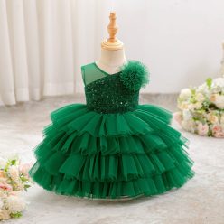 Rochie botez fetite 0-4 ani verde tulle paiete lungime medie fara maneci