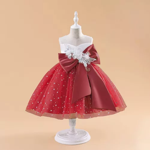 Rochita banchet eleganta fetite bordo Elizee 5-9 ani lungime medie cu funda mare in fata