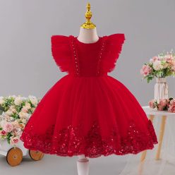   Rochita ocazie fete 3-10 ani rosie tulle dantela paiete lungime medie Celia