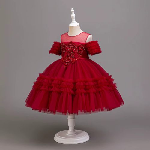 Rochita eleganta fetite nunta Erika rosie bordo 3-12 ani lungime medie cu broderie si tulle