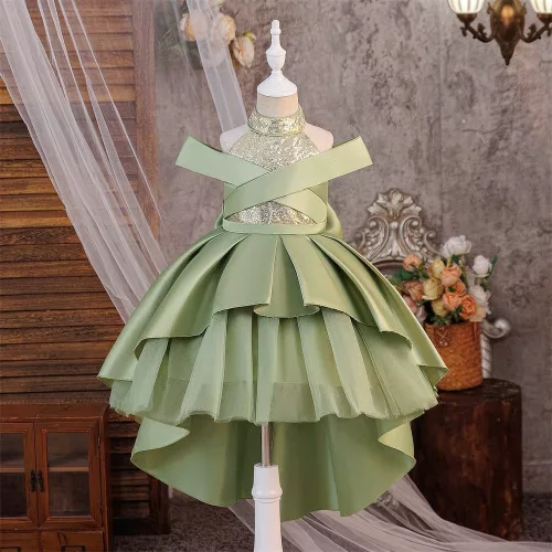 Rochita copii verde eleganta cu trena Letitia 4-8 ani lungime medie si paiete