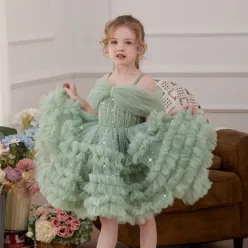   Rochita verde menta eleganta fetite Amira 4-8 ani lungime medie guler Bardot