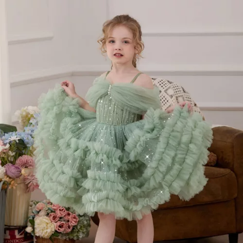 Rochita verde menta eleganta fetite Amira 4-8 ani lungime medie guler Bardot