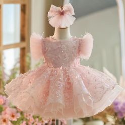   Rochita botez roz cu fluturi si paiete Cataleya Deluxe 1-12 ani 
