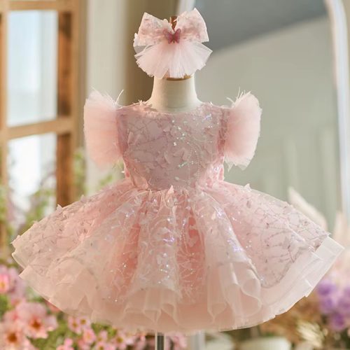 Rochita botez roz cu fluturi si paiete Cataleya Deluxe 1-12 ani 