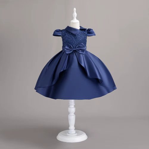 Rochita eleganta fetita banchet Elvira 3-10 ani albastru inchis model simplu cu fundita 