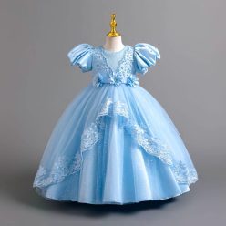   Rochie eleganta Malina albastru deschis 3-12 ani broderie si maneca scurta