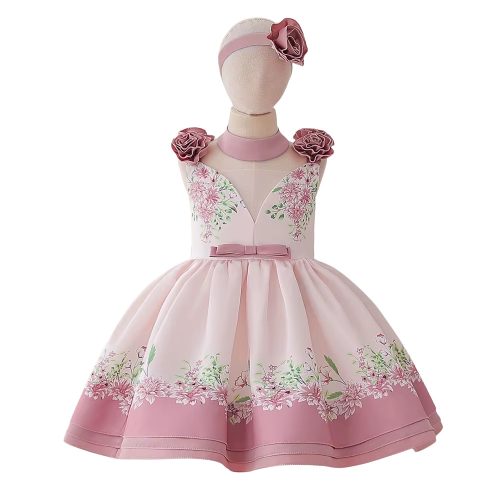 Rochita de ocazie fetita roz pudra Ariel 4-8 ani casual lungime medie cu flori
