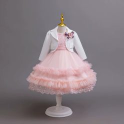   Rochita eleganta Ozana roz deschis 3-8 ani cu bolero alb maneca lunga
