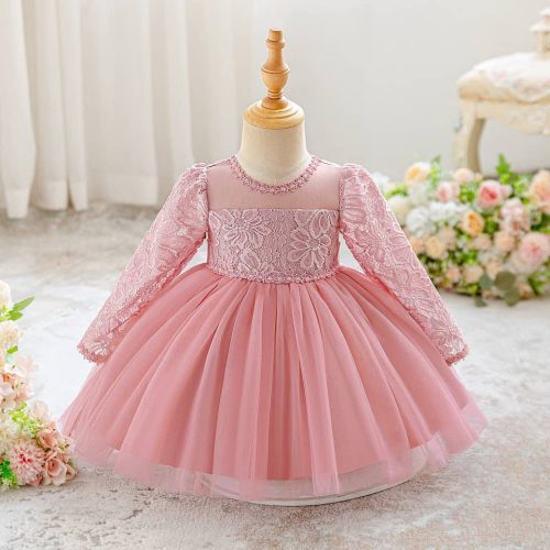 Rochita eleganta fetite Camila 0-2 ani roz cu maneca lunga dantela