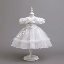   Rochita Alma alba 3-12 ani lungime medie cu broderie si paiete