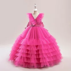  Rochita Nancy 4-15 ani lunga roz fucsia cu volane