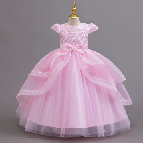 Rochie lunga de ocazie fete roz deschis Sonia 3-12 ani cu broderie