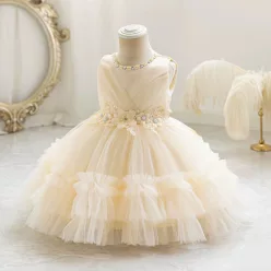   Rochie botez pentru fetite 0-4 ani crem Christine lungime medie 