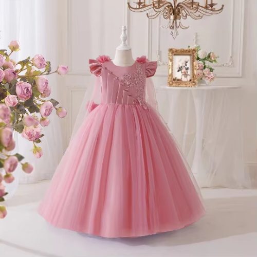 Rochita fetite eleganta  roz pudra Eleonor cu voal pe umeri si broderie 3-12 ani lunga