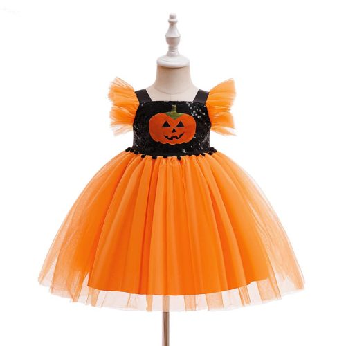 Rochita Haloween fetite dovleac portocaliu cu negru si paiete 3-12 ani model 4