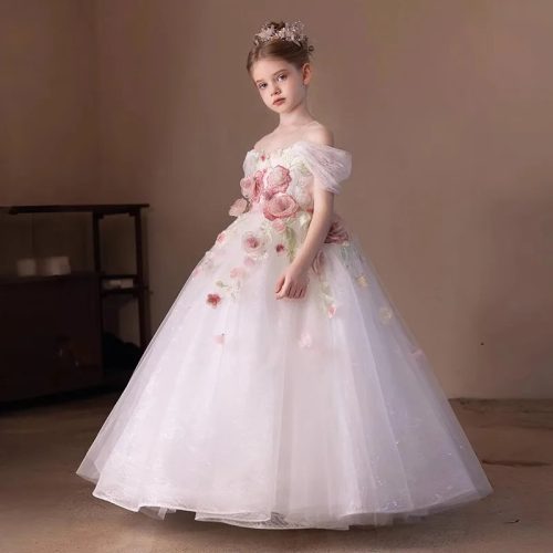 Rochita eleganta fetite Melany DELUXE alba lunga 3-12 ani cu flori