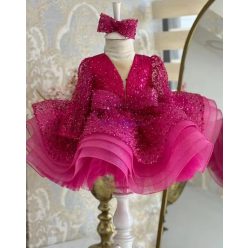   Rochita  botez Renata Deluxe Volume  1-12 ani roz fucsia cu maneca lunga