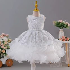   Rochita eleganta cu trandafiri si paiete fetite Consuelo alba 3-12 ani lungime medie cu volane