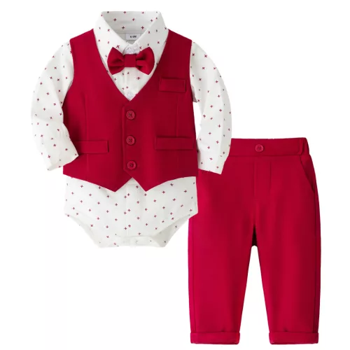 Compleu baieti Paolo 3 luni - 2 ani rosu cu alb camasa vesta pantaloni papion