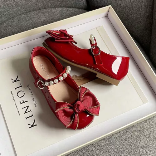 Pantofi rosii fara toc cu fundita lac si perlute fetite Caterina 26-36 