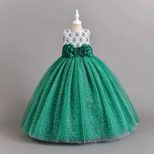 Rochie nunta copii 4-12 ani verde cu paiete si broderie Livet lunga fara maneci 