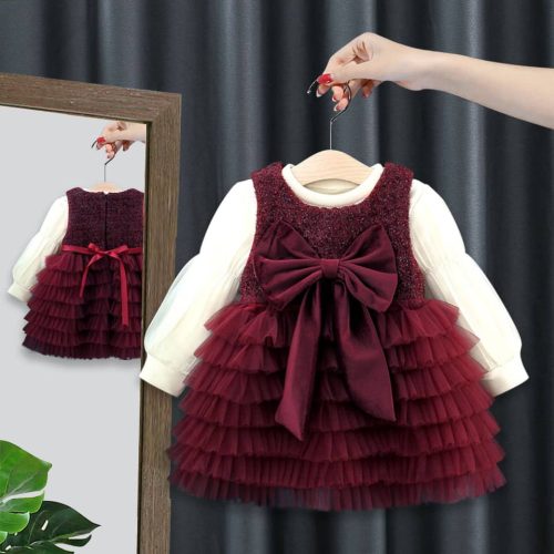 Rochie pentru fetite 0-4 ani bordo cu alb Melisa cu maneca lunga