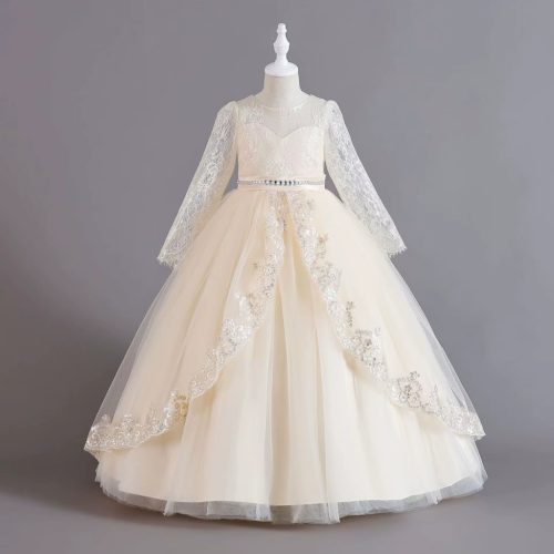 Rochie de ocazie fete Evelina crem 3-12 ani broderie paiete dantela si maneca lunga