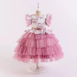   Rochita banchet eleganta fetite roz tulle volane si flori Liset 5-9 ani lungime medie
