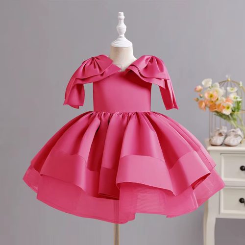 Rochita roz fucsia eleganta fetite tafta cu fundite aniversare Margot 3-12 ani lungime medie
