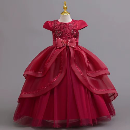Rochie lunga de ocazie fete bordo Sonia 3-12 ani cu broderie