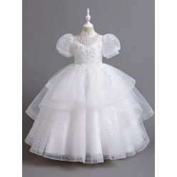 Rochie Elouise alba 4-15 ani lunga cu maneca scurta