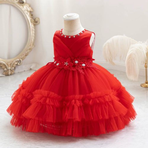 Rochie botez pentru fetite 0-4 ani rosu Christine lungime medie 