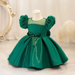   Rochie botez verde fetite 0-4 ani Lisandra simpla satin lungime medie