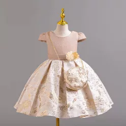   Rochie eleganta fete Perla 3-12 ani crem cu gentuta lungime medie