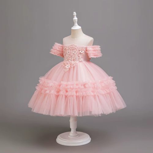 Rochita eleganta fetite nunta Erika roz deschis 3-12 ani lungime medie cu broderie si tulle