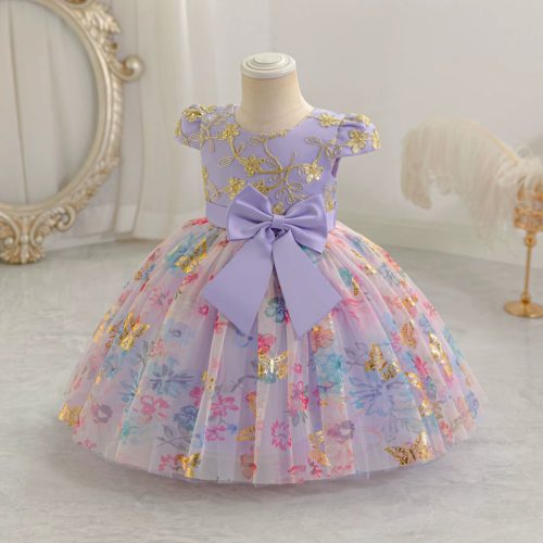 Rochita nunta mov fetite Andreea cu fluturi si flori 1-5 ani lungime medie