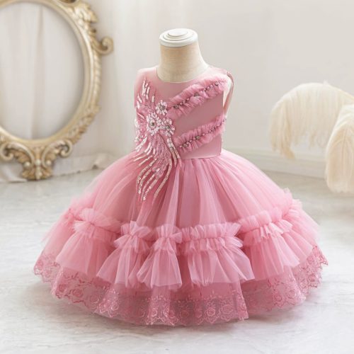 Rochie pentru fetite 0-4 ani roz cu floare mare lungime medie 