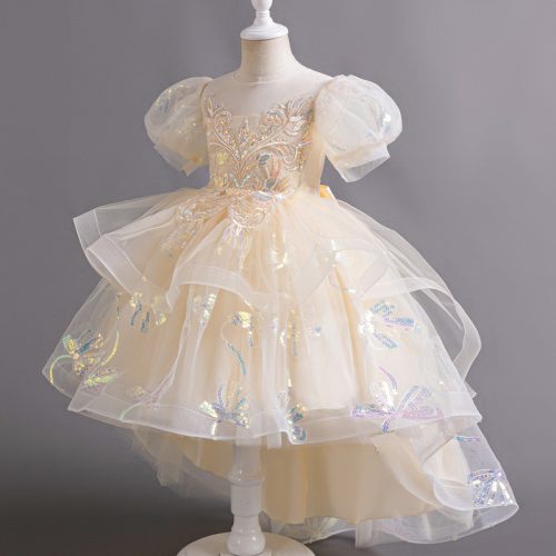 Rochita cu trena eleganta crem fetite 3-12 ani cu paiete Evelina