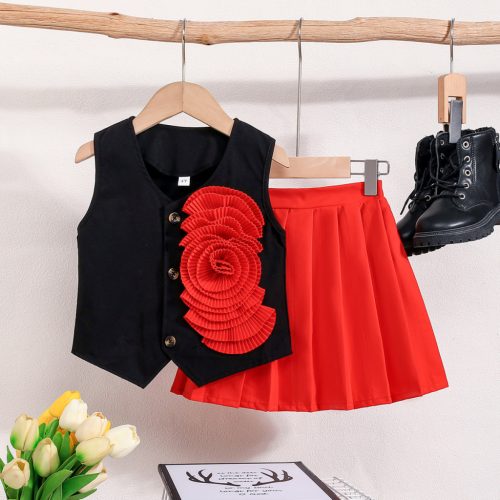 Set bluza neagra si fusta rosie fetite 4-7 ani casual Laura