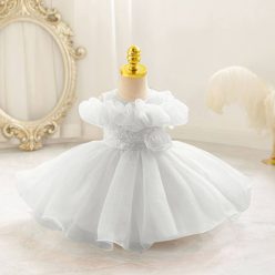   Rochite elegante fete Evia 0-4 ani alba cu guler Bardot si paiete