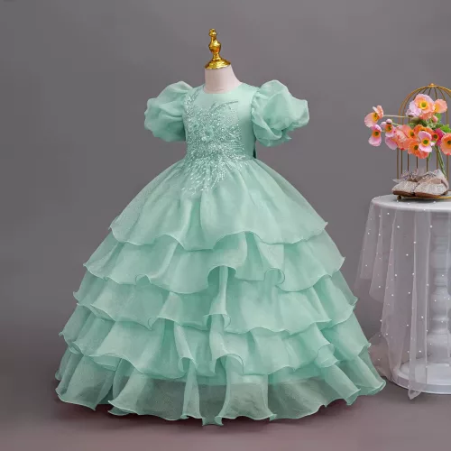 Rochie lunga de ocazie fete verde Flavia 4-12 ani cu volane si broderie