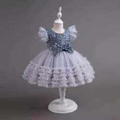   Rochie eleganta fete Miruna 3-12 ani gri cu paiete si fulgi lungime medie