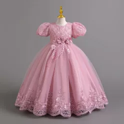   Rochie eleganta Enia roz pudra 3-12 ani broderie si maneca scurta