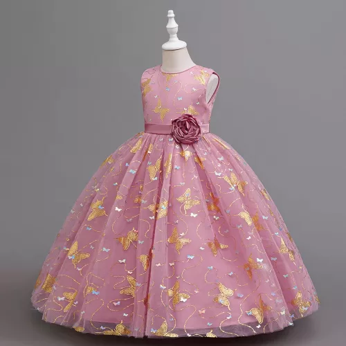 Rochie fluturi nunta copii roz cu auriu 3-12 ani Amina lunga
