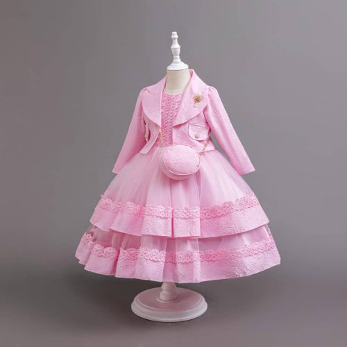 Rochita roz deschis eleganta Alma 2-12 ani cu bolero  maneca lunga si gentuta