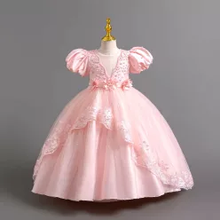   Rochie eleganta Malina roz deschis 3-12 ani broderie si maneca scurta
