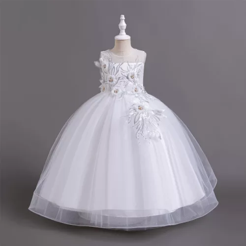 Rochie alba lunga cu stelute si broderie fete Mara 5-15 ani lunga fara maneci