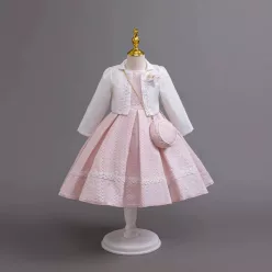 Rochita cu bolero si gentuta Tiana roz deschis cu alb 4-10 ani lungime medie