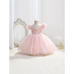 Rochita fetite eleganta Elize 1-5 ani roz cu paiete si broderie
